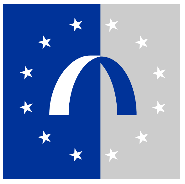 The symbol logo of the European Monitoring Centre for Drugs and Drug Addiction (EMCDDA). Symbol shows an arch, one side of which is dark and one side is light.12 starts surround the arch.