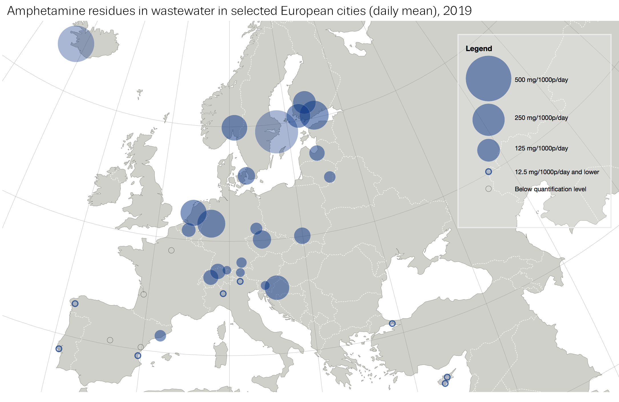 Amphetamine residues in wastewater in selected European cities, 2019