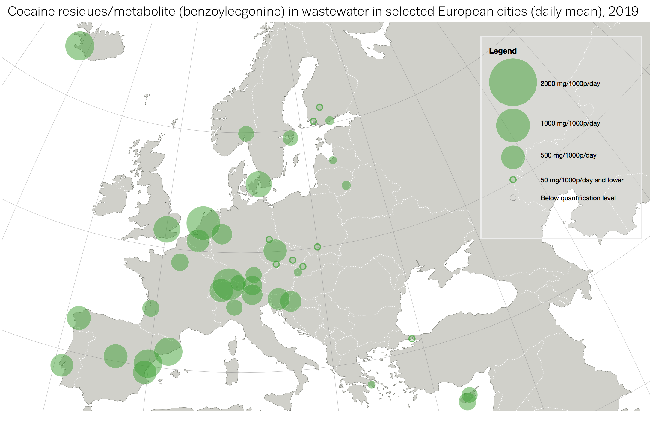 Cocaine residues/metabolite (benzoylecgonine) in wastewater in selected European cities, 2019