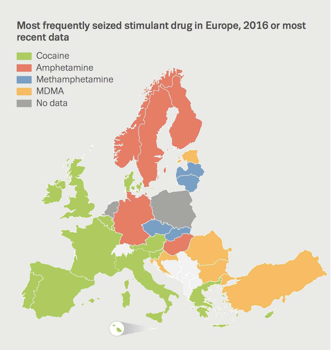 Chart showing most frequently seized stimulant drug in Europe, 2016 or most recent data