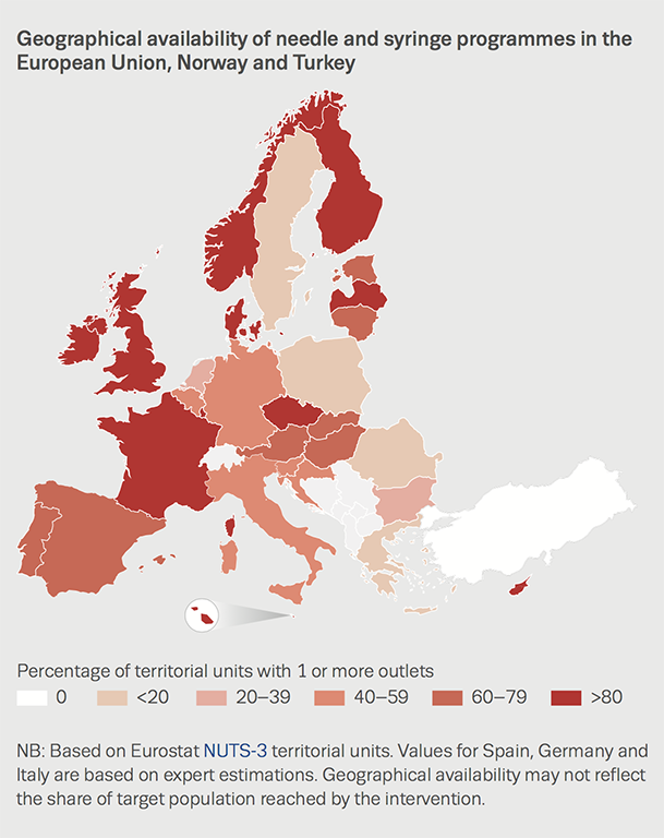 Chart showing geographical availability of needle and syringe programmes in the European Union, Norway and Turkey