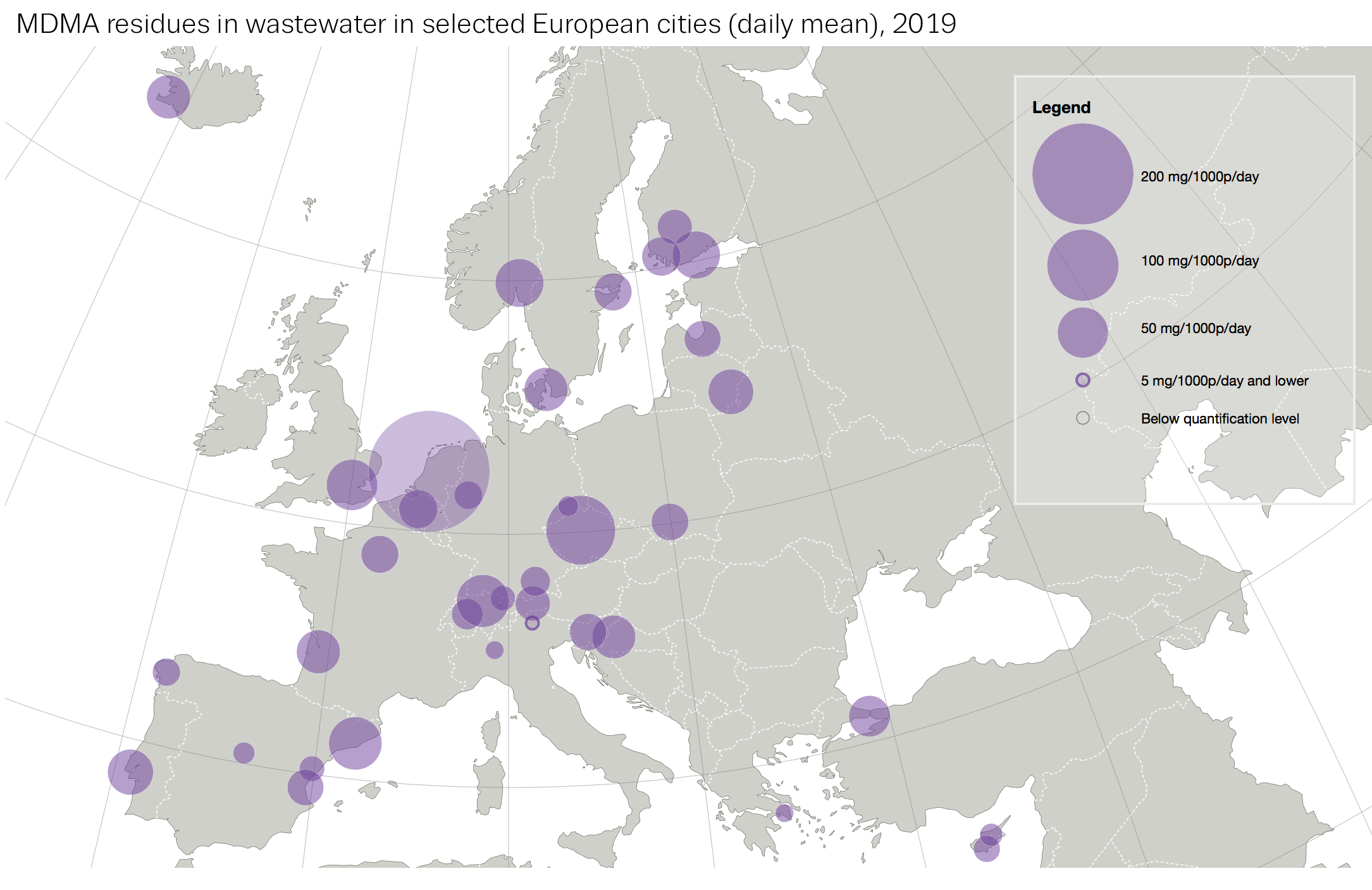 MDMA residues in wastewater in selected European cities, 2019
