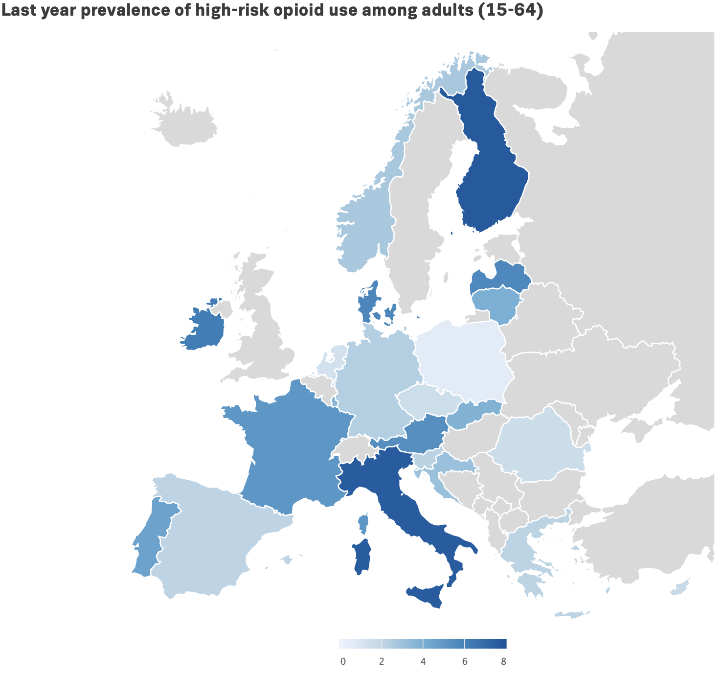 Map showing estimates of prevalence of high risk opioid use in Europe. Rates range from below 1 to around 8 per 1000. 