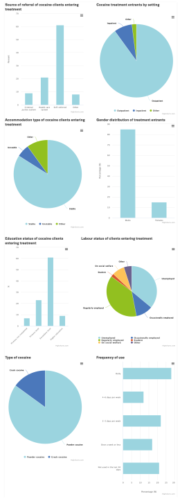 Most clients entering treatment for cocaine in Europe are self-referred, in outpatient settings, in stable accomodation, male, with a range of employment statuses and use several times a week