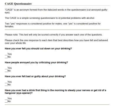 CAGE Alcohol questionnaire