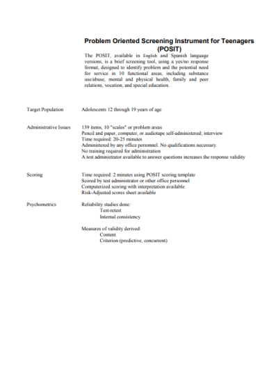 Problem Oriented Screening Instrument for Teenagers