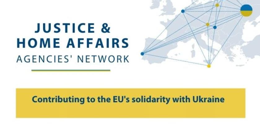 Justice and Home Affairs Agencies Network: CEPOL, EIGE, EMCDDA, EUAA, eu-LISA, Eurojust, Europol, FRA, Frontex. Grey EU countries map with lines connecting agencies with Ukraine in white background