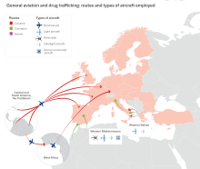 Map or Europe showing general aviation and drug trafficking: routes and types of aircraft employed