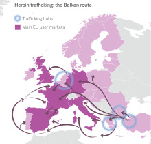 Map of Europe showing the Balkan heroin trafficking route