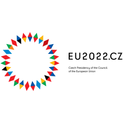 EU2022.CZ Czech Presidency of the Council of the European Union. Black font in white background with circle made of multi-coloured small triangles