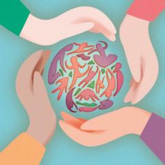 image of hands forming a circle embracing a small ball formed by several smaller silhouettes 